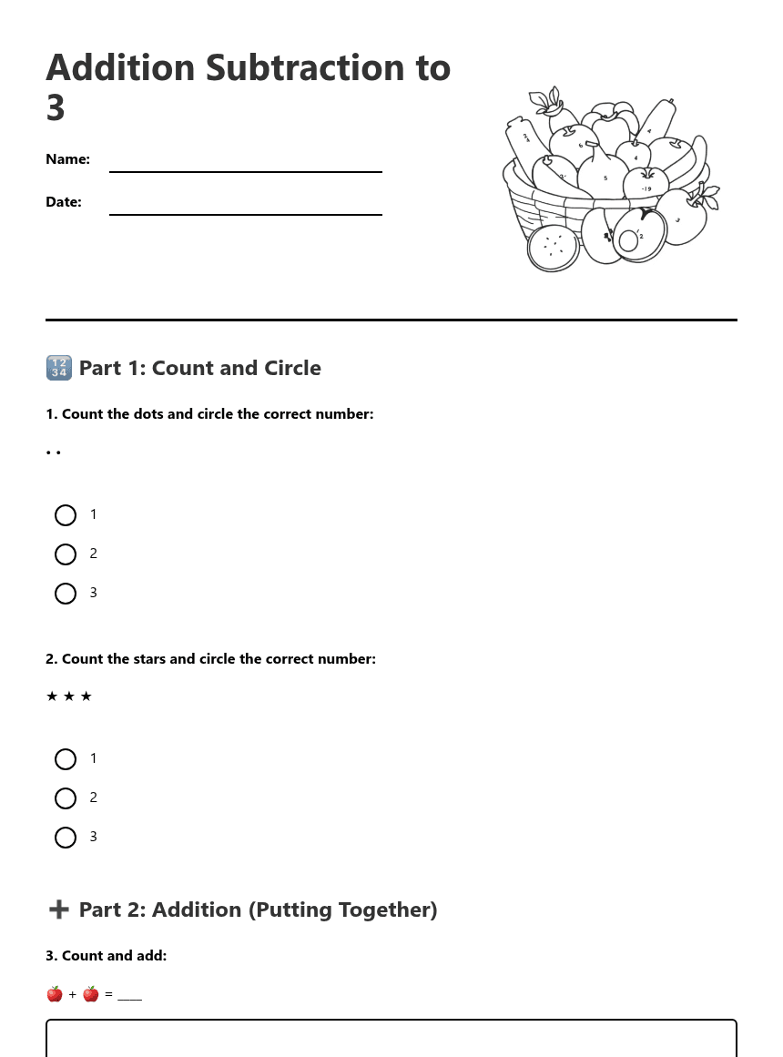 Addition Subtraction to 3 worksheet preview
