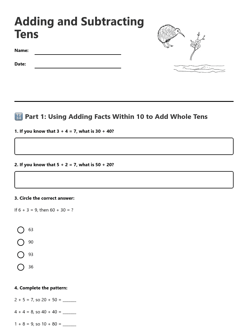 Adding and Subtracting Tens worksheet preview