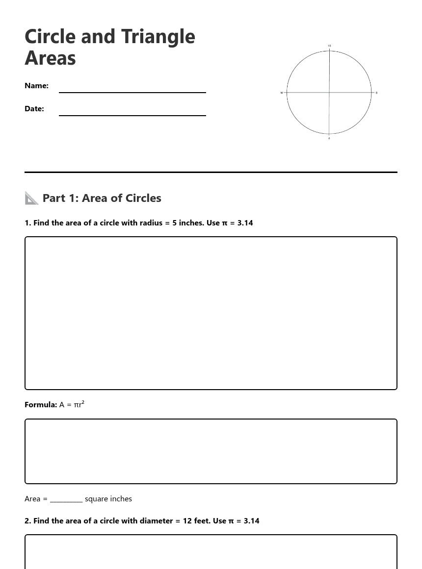 Circle and Triangle Areas worksheet preview