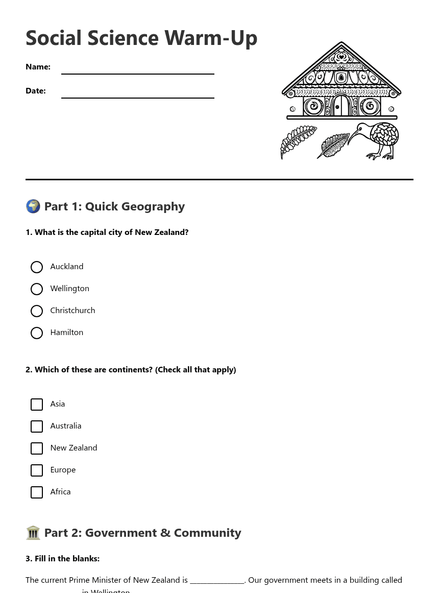 Social Science Warm-Up worksheet preview