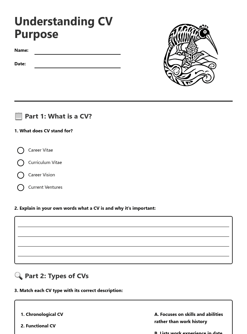 Understanding CV Purpose worksheet preview