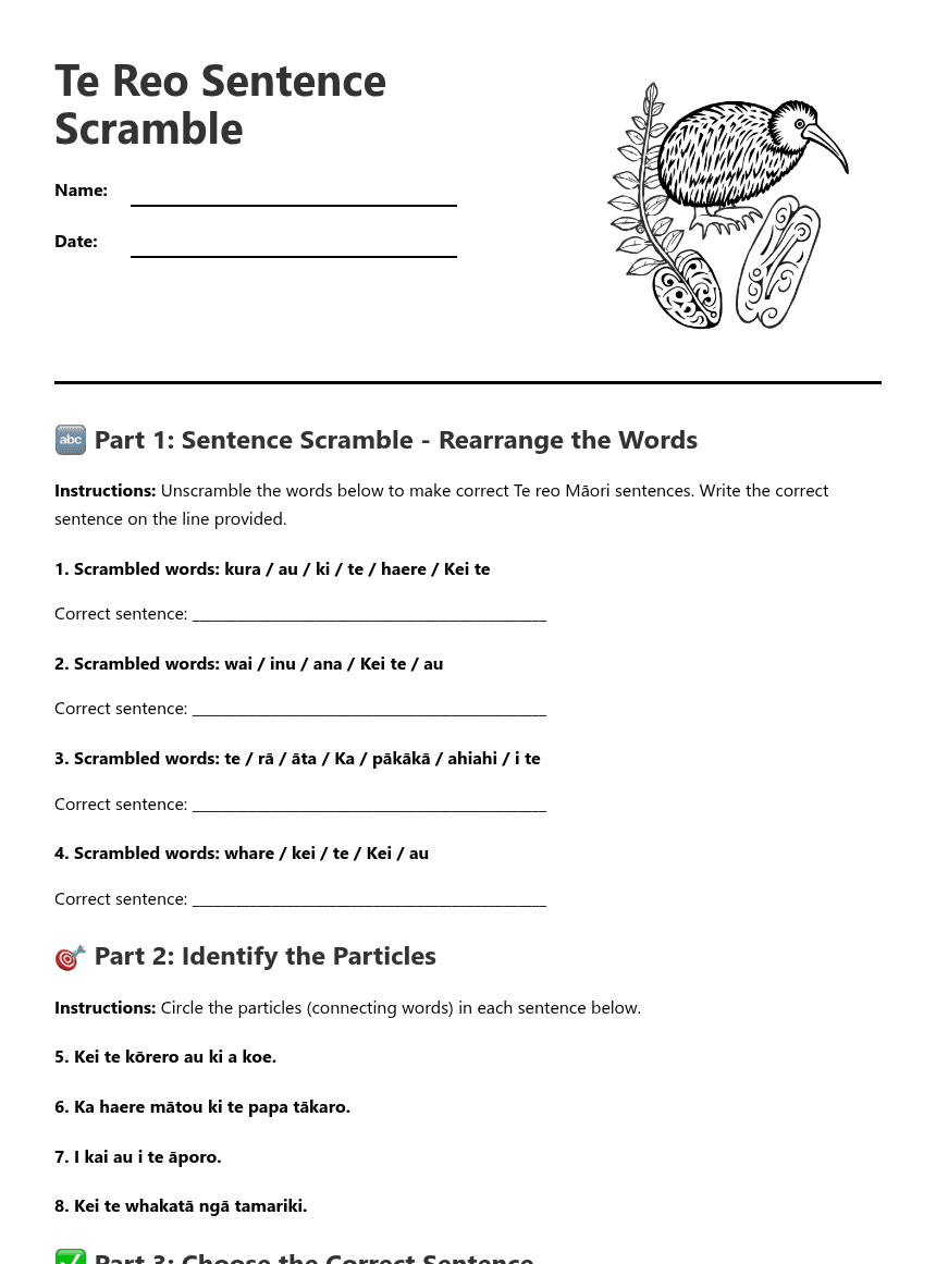 Te Reo Sentence Scramble worksheet preview