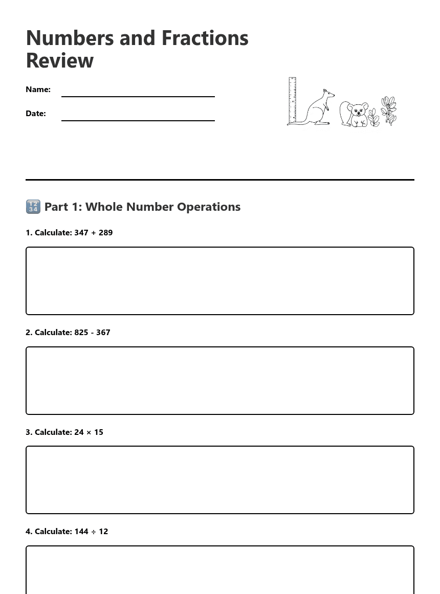 Numbers and Fractions Review worksheet preview