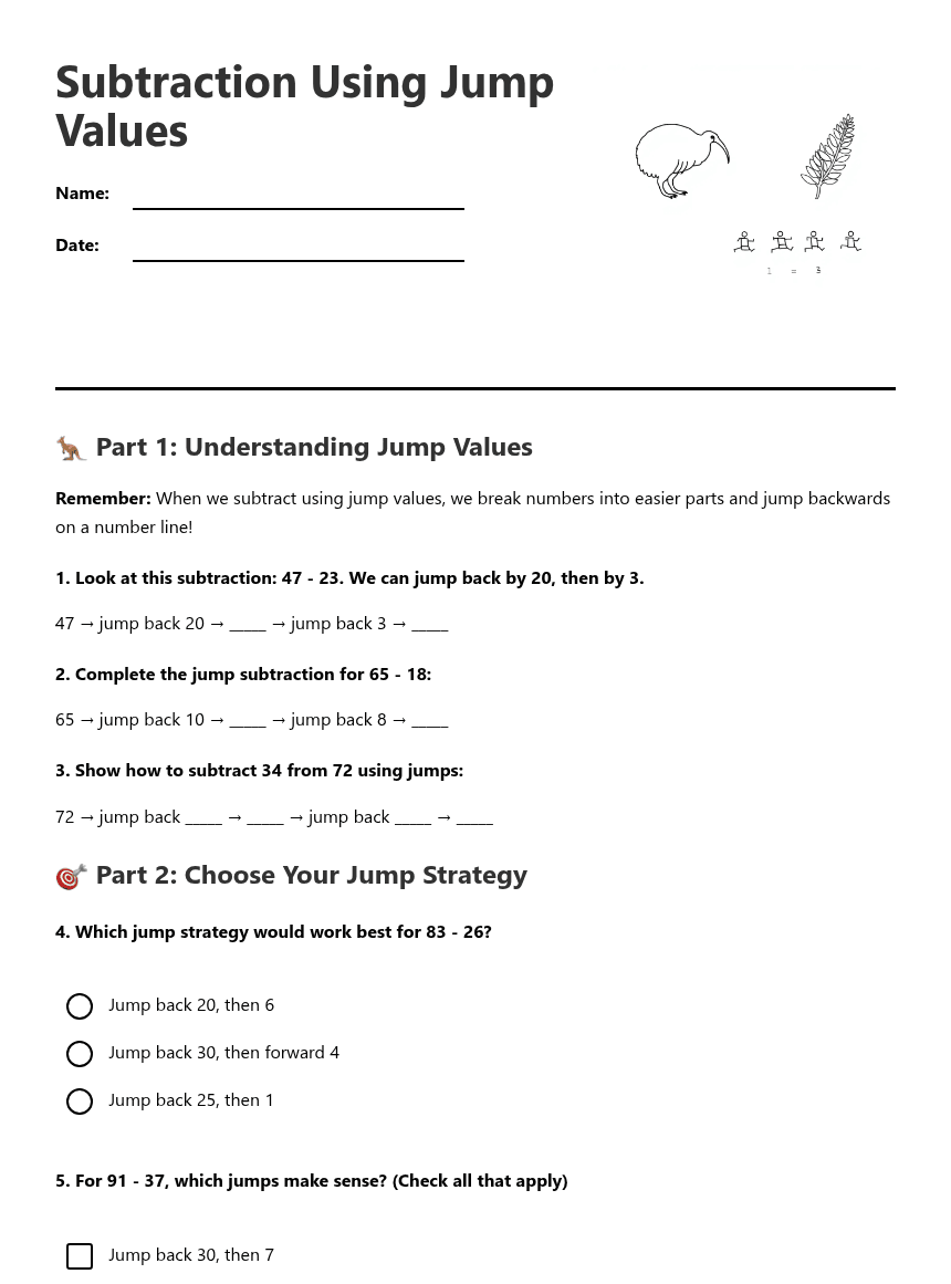 Subtraction Using Jump Values worksheet preview