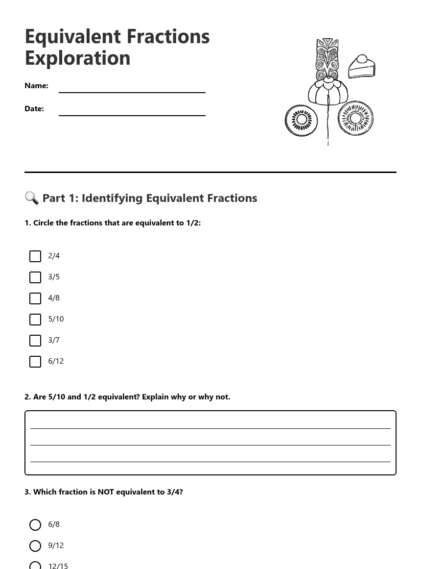 Equivalent Fractions Exploration worksheet preview
