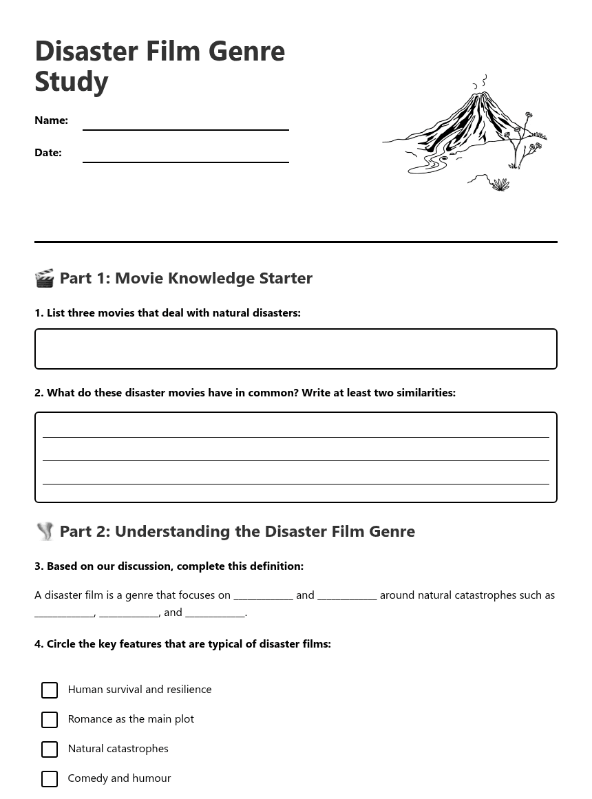 Disaster Film Genre Study worksheet preview