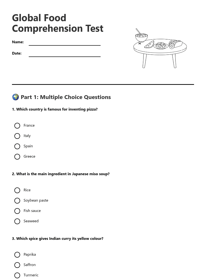 Global Food Comprehension Test worksheet preview