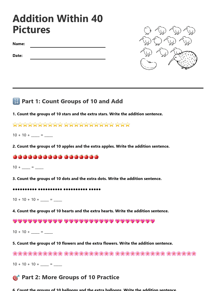 Addition Within 40 Pictures worksheet preview