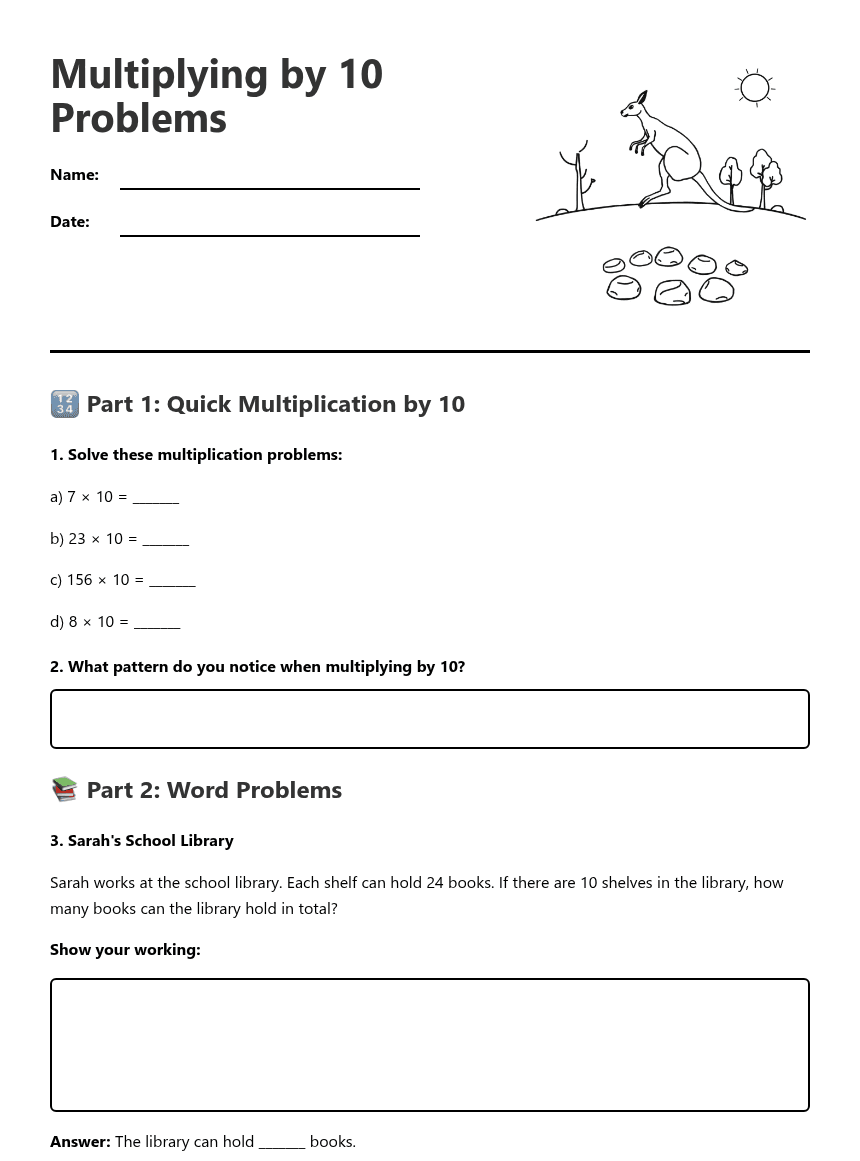 Multiplying by 10 Problems worksheet preview