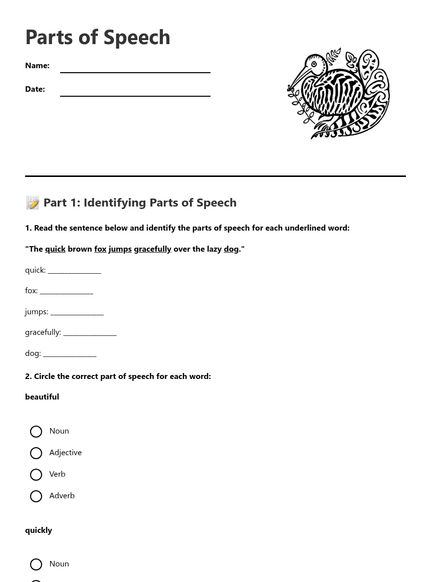 Parts of Speech worksheet preview