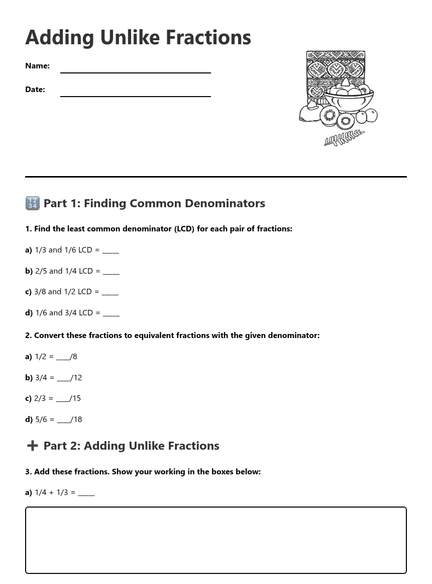 Adding Unlike Fractions worksheet preview