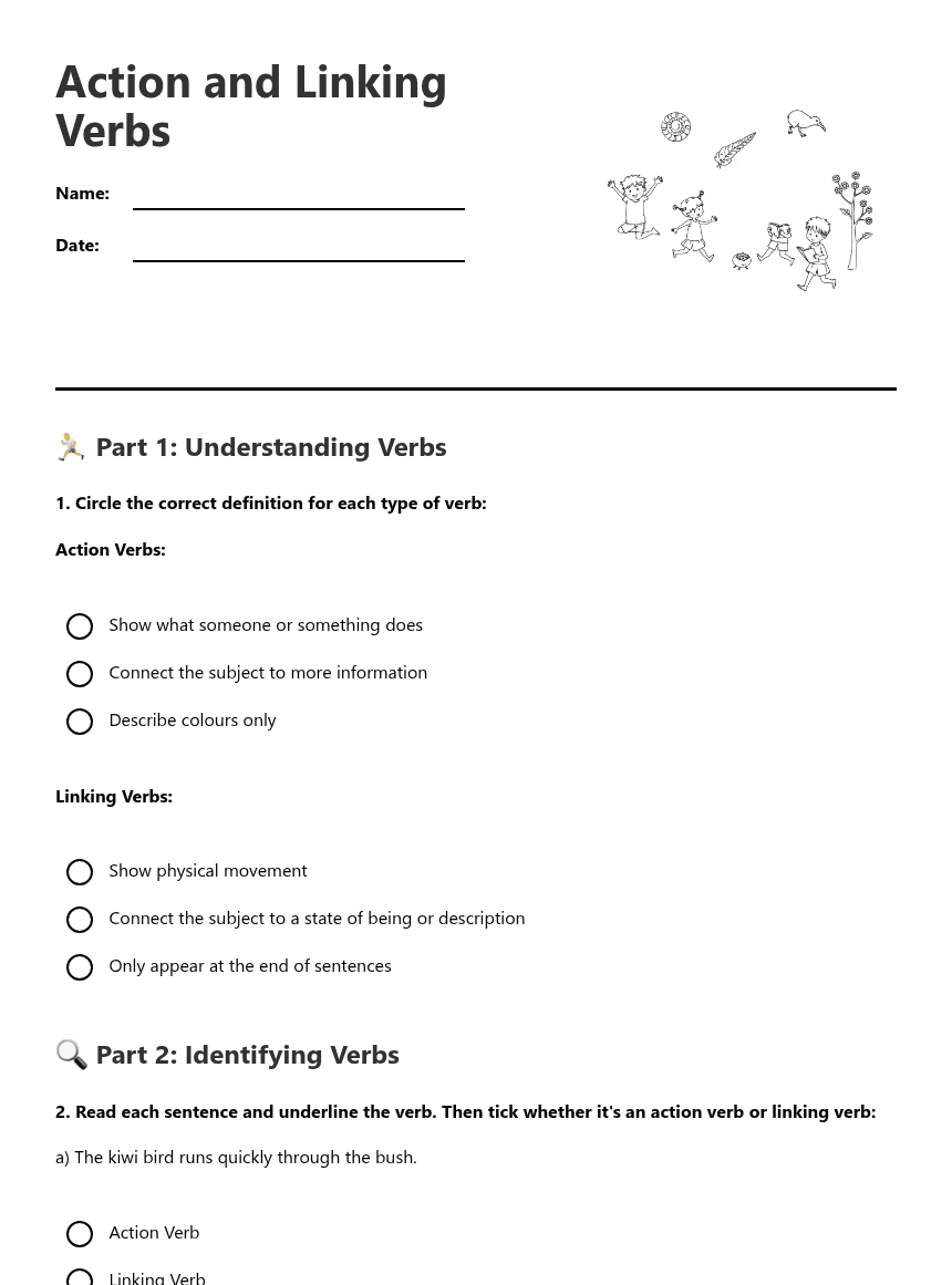 Action and Linking Verbs worksheet preview