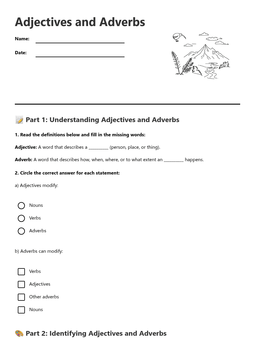 Adjectives and Adverbs worksheet preview