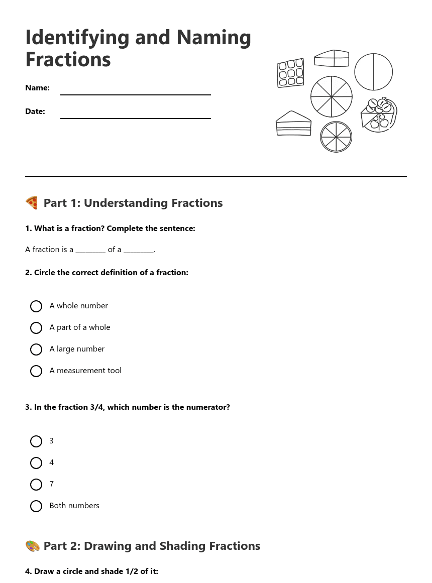 Identifying and Naming Fractions worksheet preview