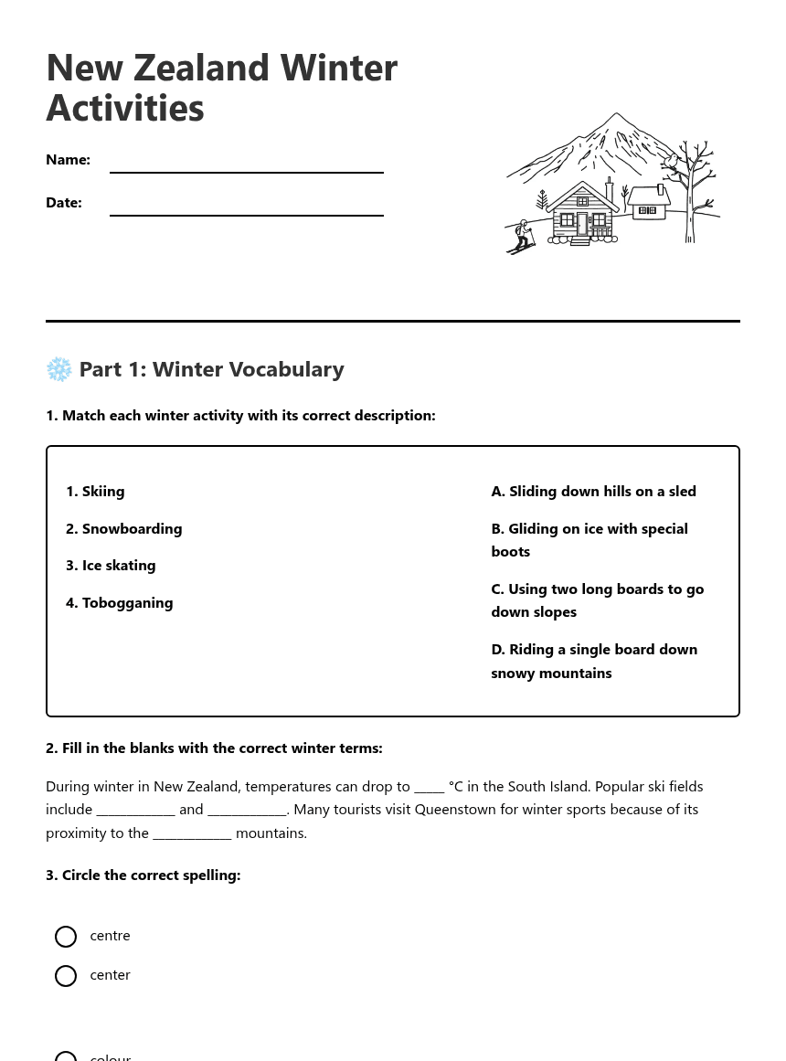 New Zealand Winter Activities worksheet preview