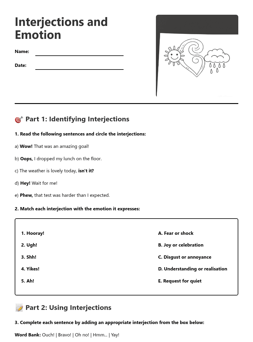 Interjections and Emotion worksheet preview
