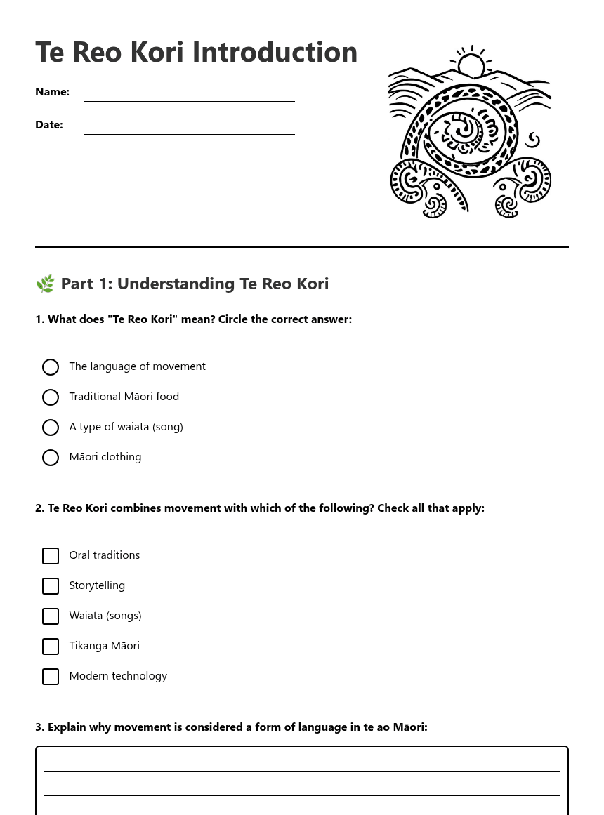 Te Reo Kori Introduction worksheet preview