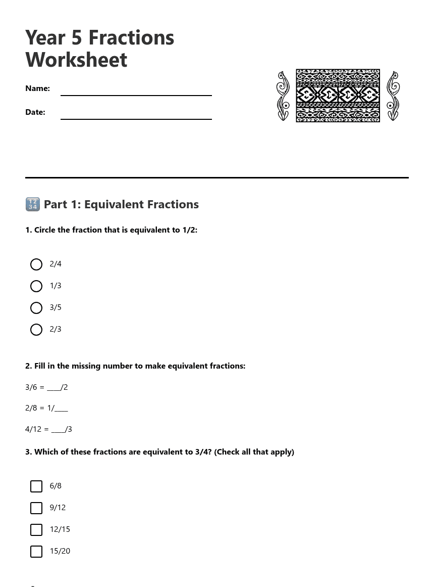 Year 5 Fractions Worksheet worksheet preview