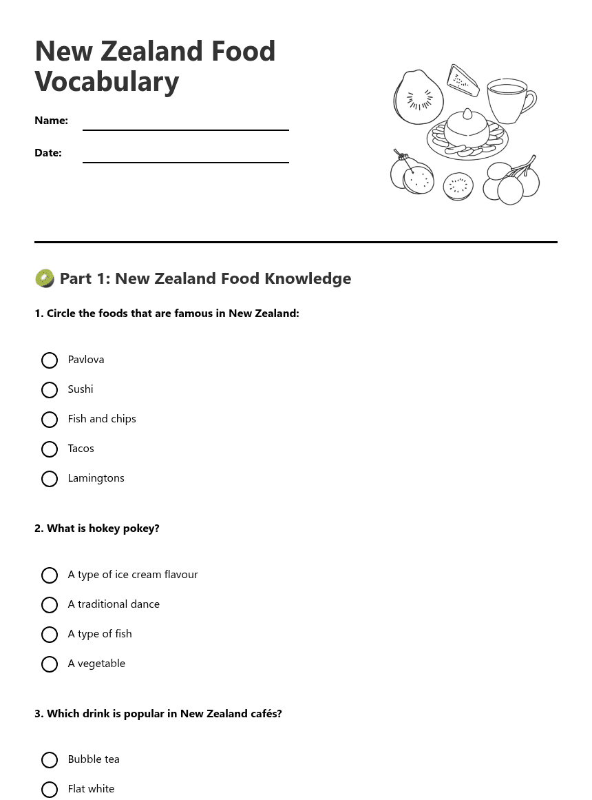 New Zealand Food Vocabulary worksheet preview