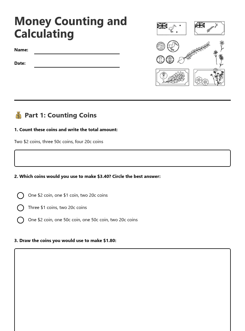 Money Counting and Calculating worksheet preview