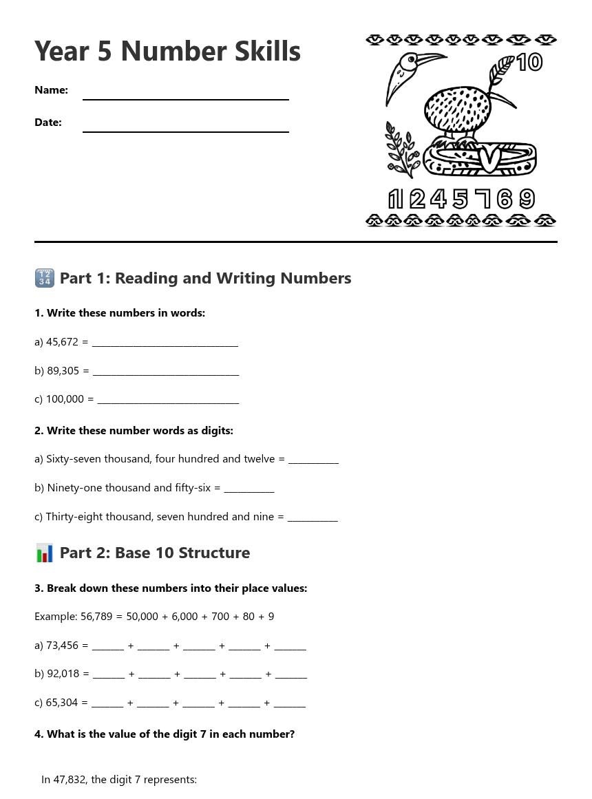 Year 5 Number Skills worksheet preview