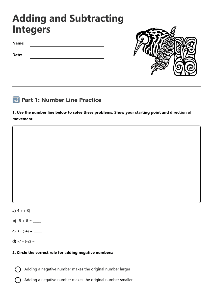 Adding and Subtracting Integers worksheet preview
