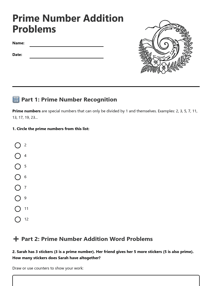Prime Number Addition Problems worksheet preview