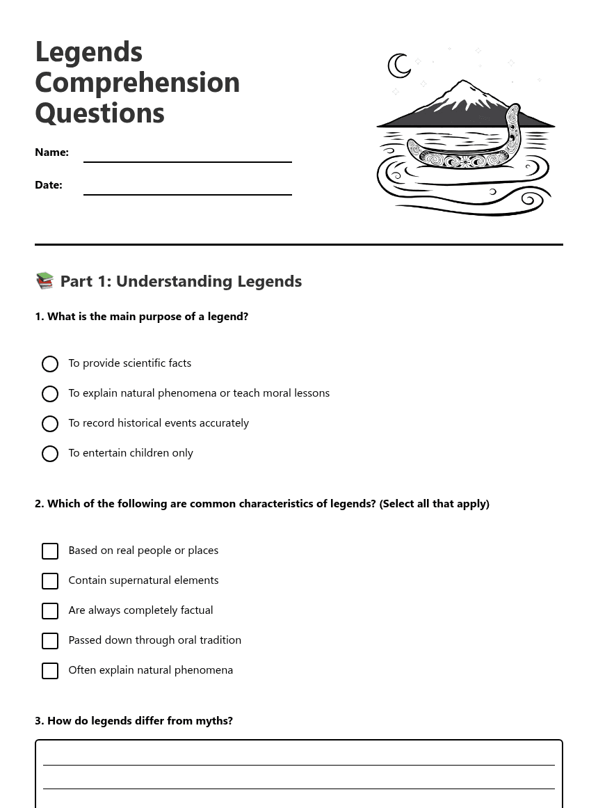 Legends Comprehension Questions worksheet preview