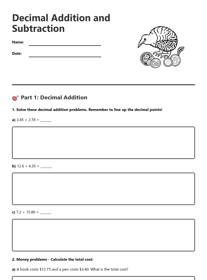 Decimal Addition and Subtraction worksheet preview