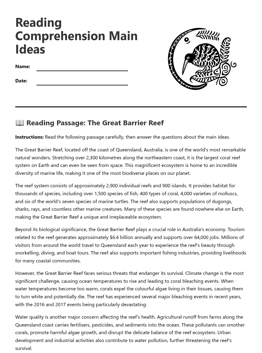 Reading Comprehension Main Ideas worksheet preview