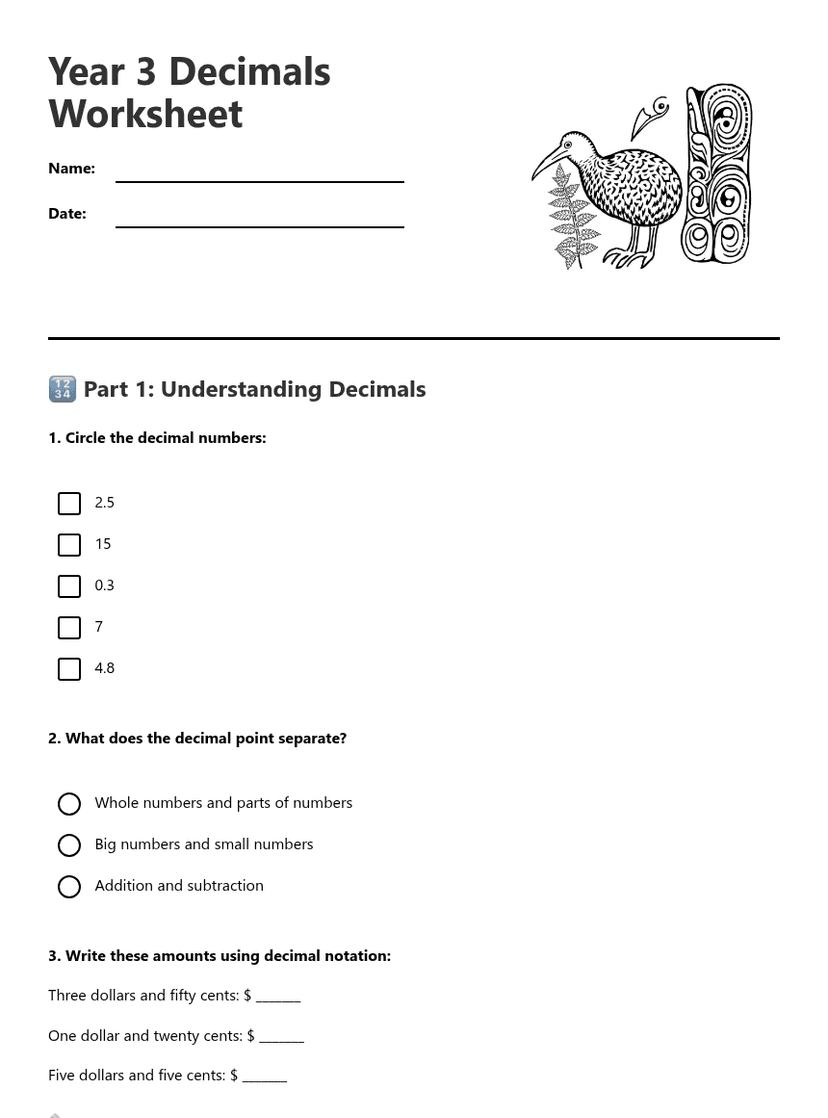 Year 3 Decimals Worksheet