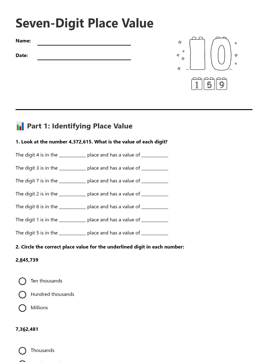 Seven-Digit Place Value worksheet preview