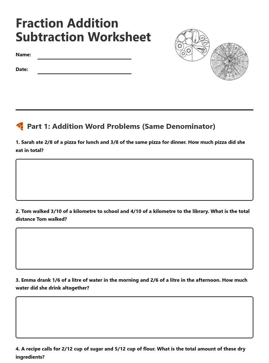 Fraction Addition Subtraction Worksheet worksheet preview