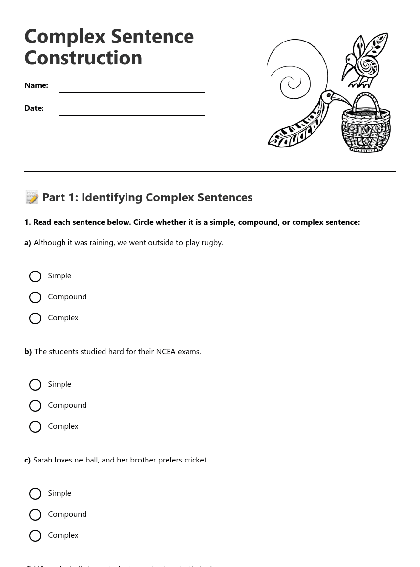 Complex Sentence Construction worksheet preview