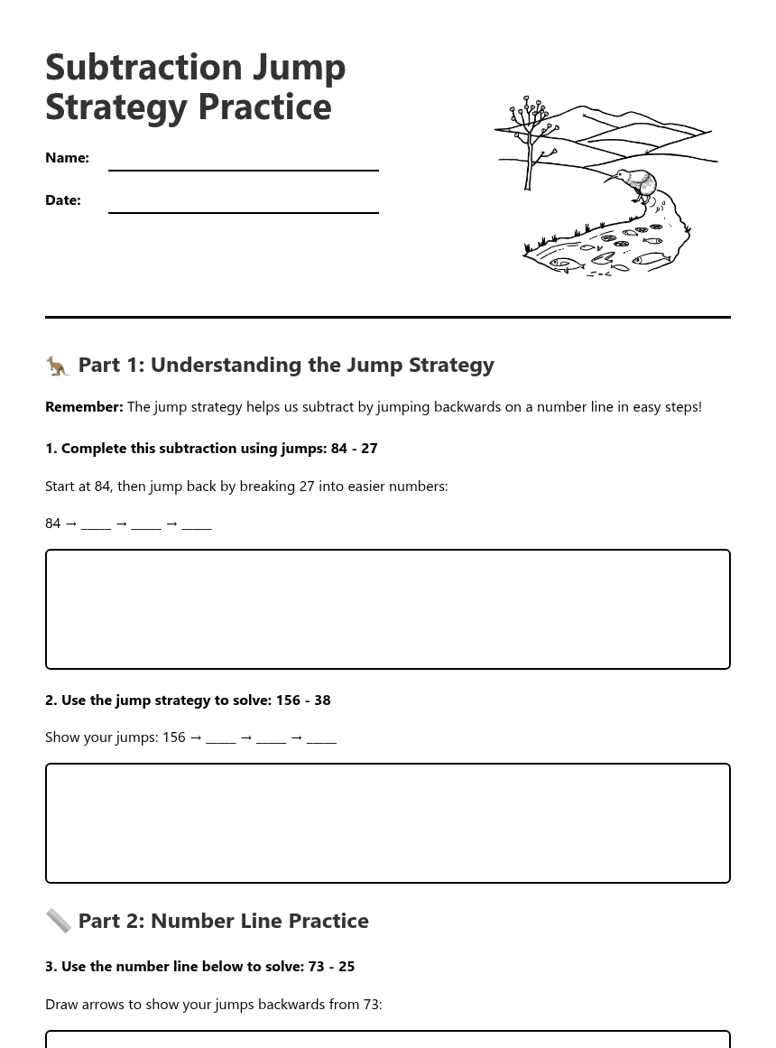 Subtraction Jump Strategy Practice worksheet preview