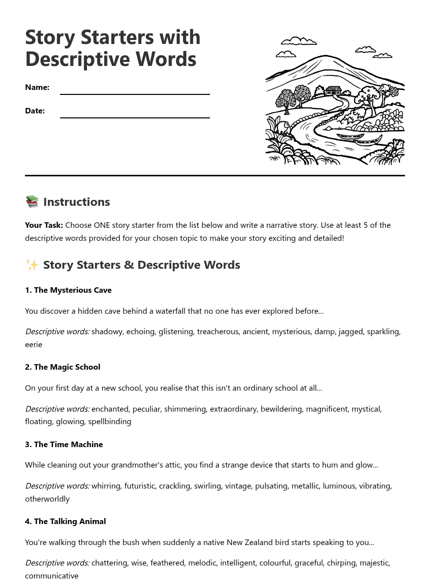 Story Starters with Descriptive Words worksheet preview