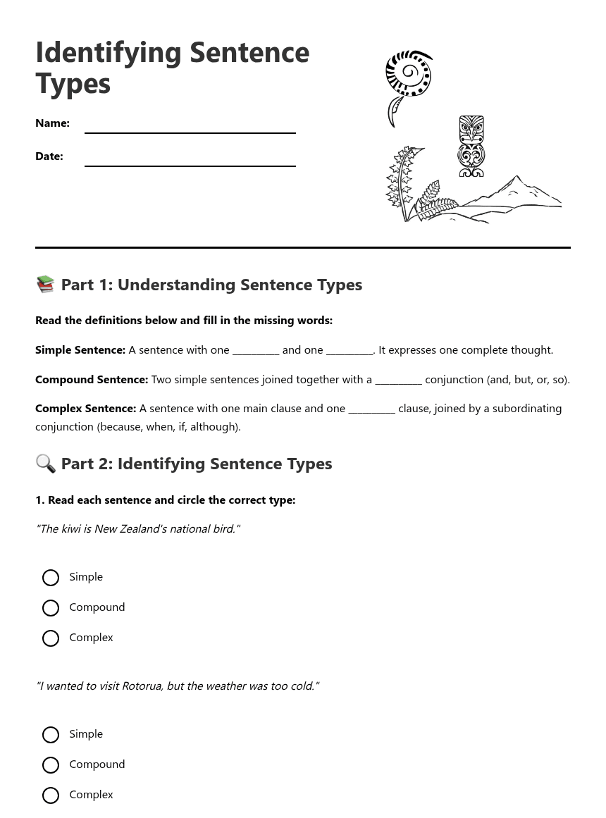 Identifying Sentence Types worksheet preview