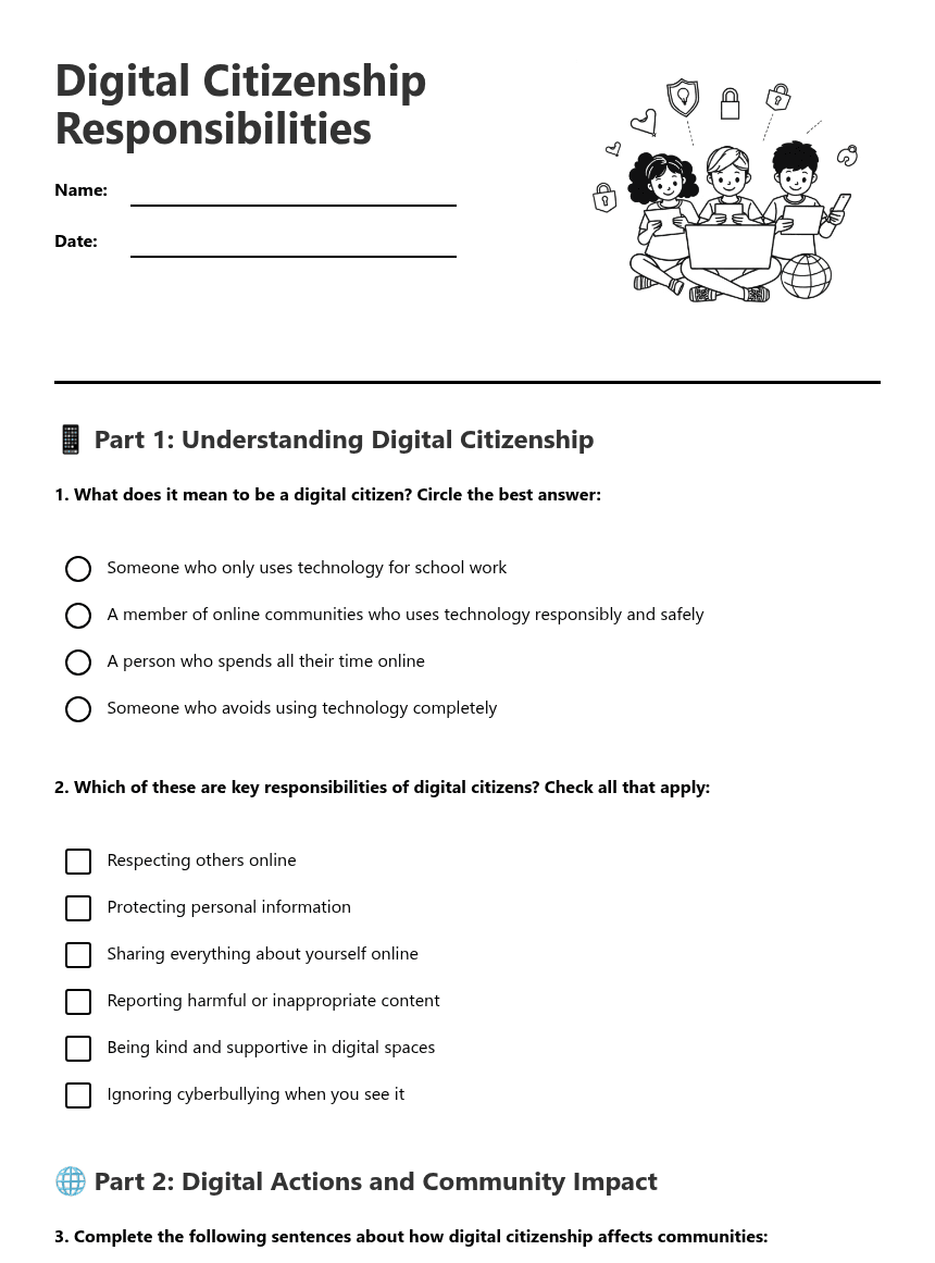 Digital Citizenship Responsibilities worksheet preview