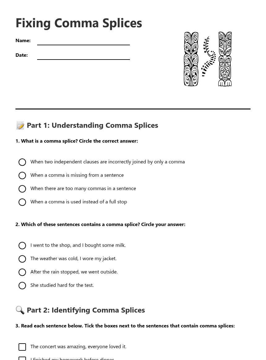 Fixing Comma Splices worksheet preview