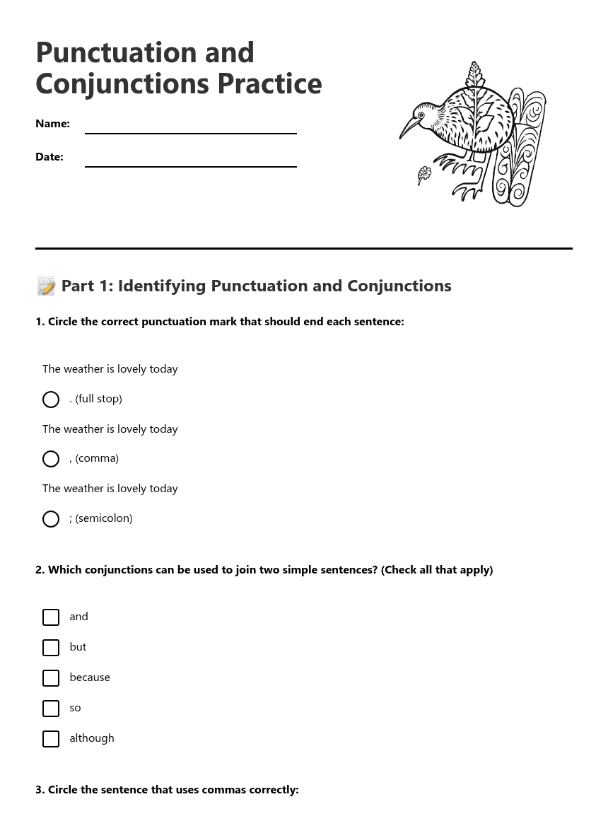 Punctuation and Conjunctions Practice worksheet preview