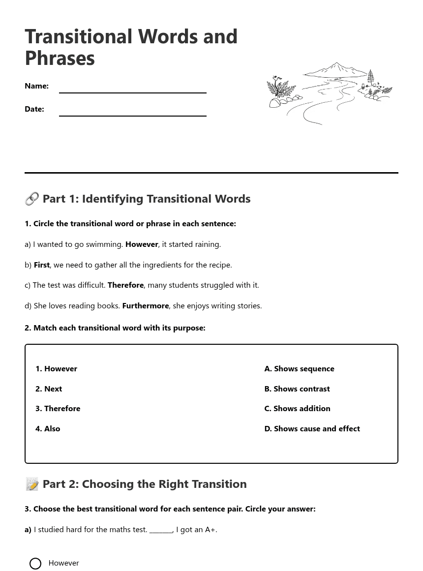 Transitional Words and Phrases worksheet preview