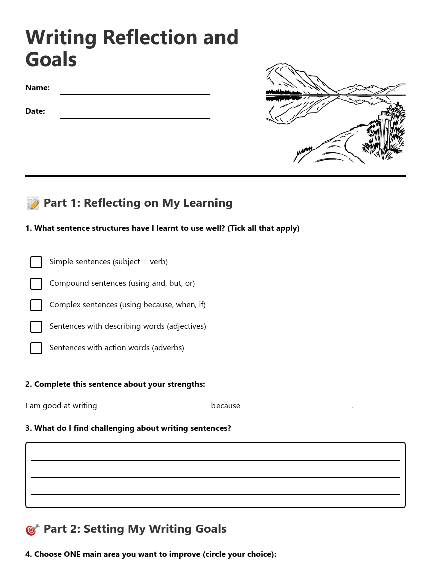 Writing Reflection and Goals worksheet preview