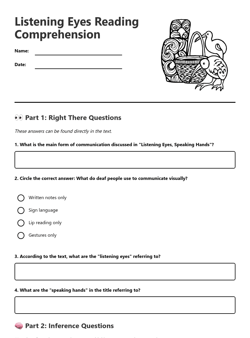 Listening Eyes Reading Comprehension worksheet preview