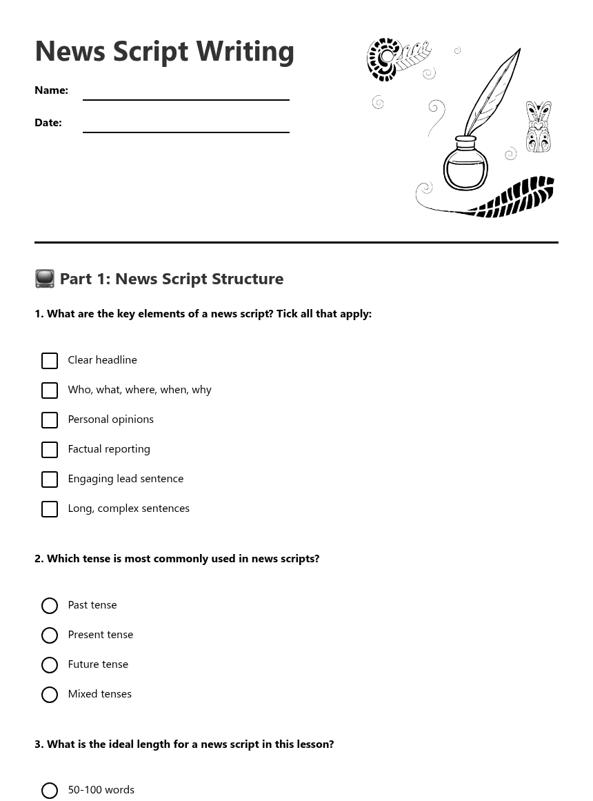 News Script Writing worksheet preview
