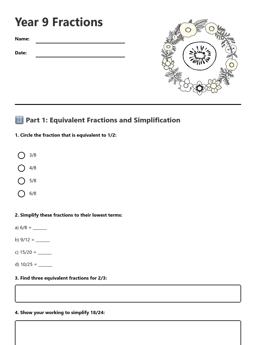 Year 9 Fractions worksheet preview
