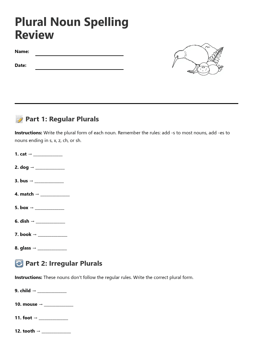 Plural Noun Spelling Review worksheet preview