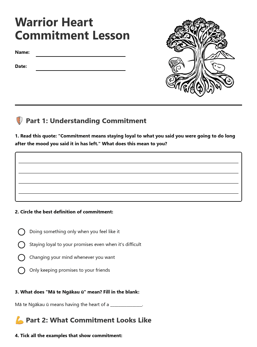 Warrior Heart Commitment Lesson worksheet preview
