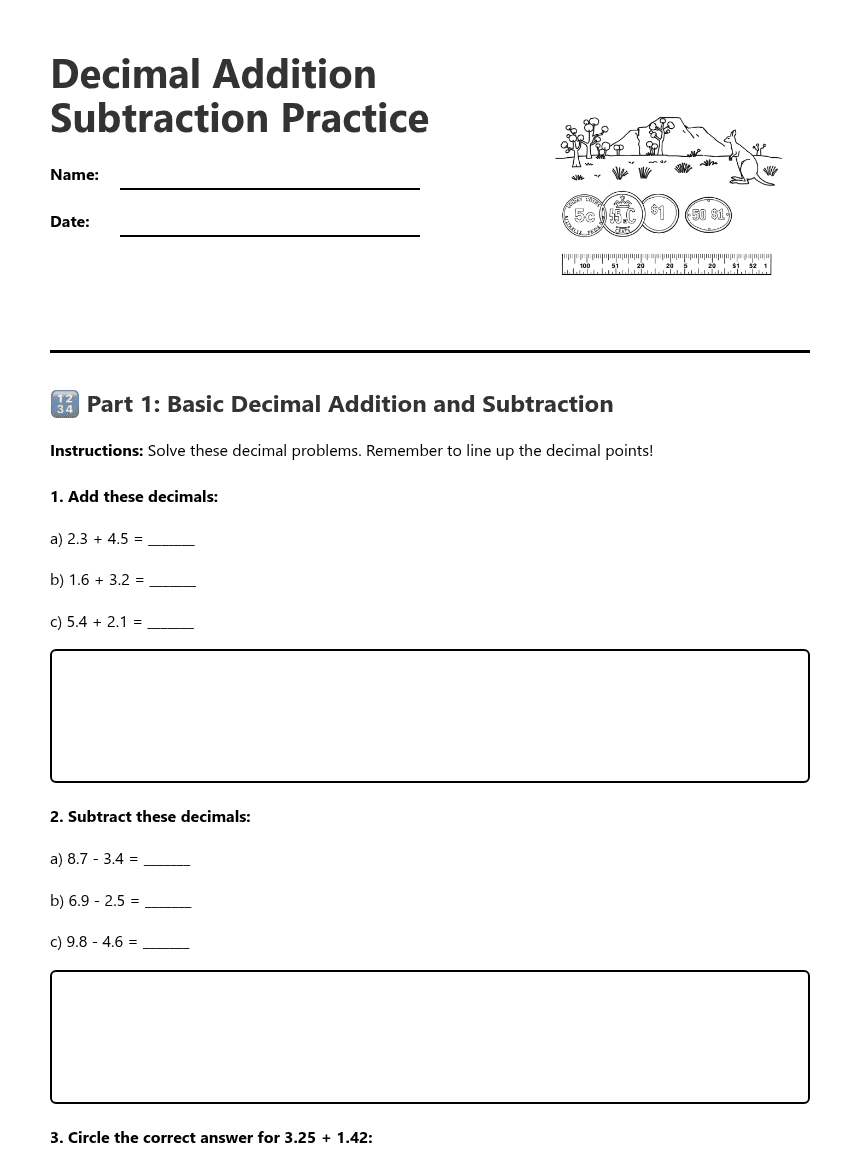 Decimal Addition Subtraction Practice worksheet preview