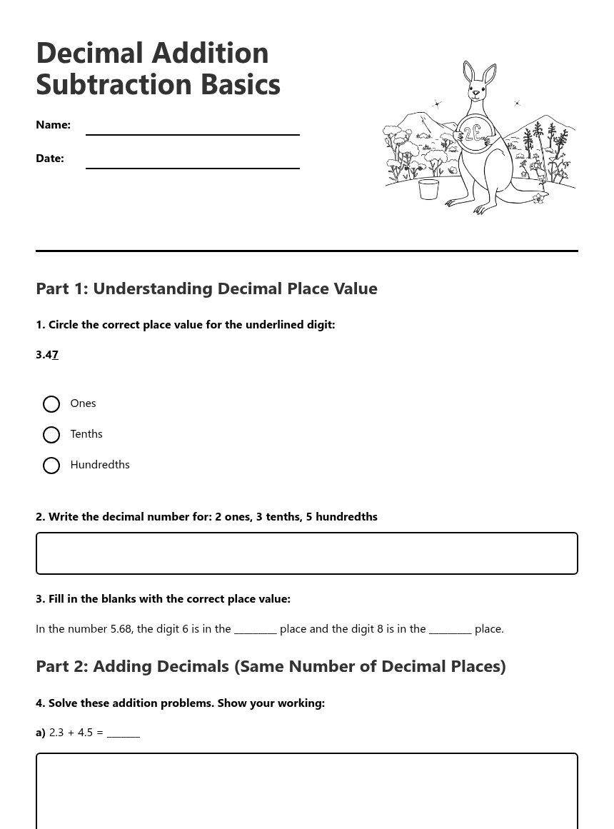 Decimal Addition Subtraction Basics worksheet preview