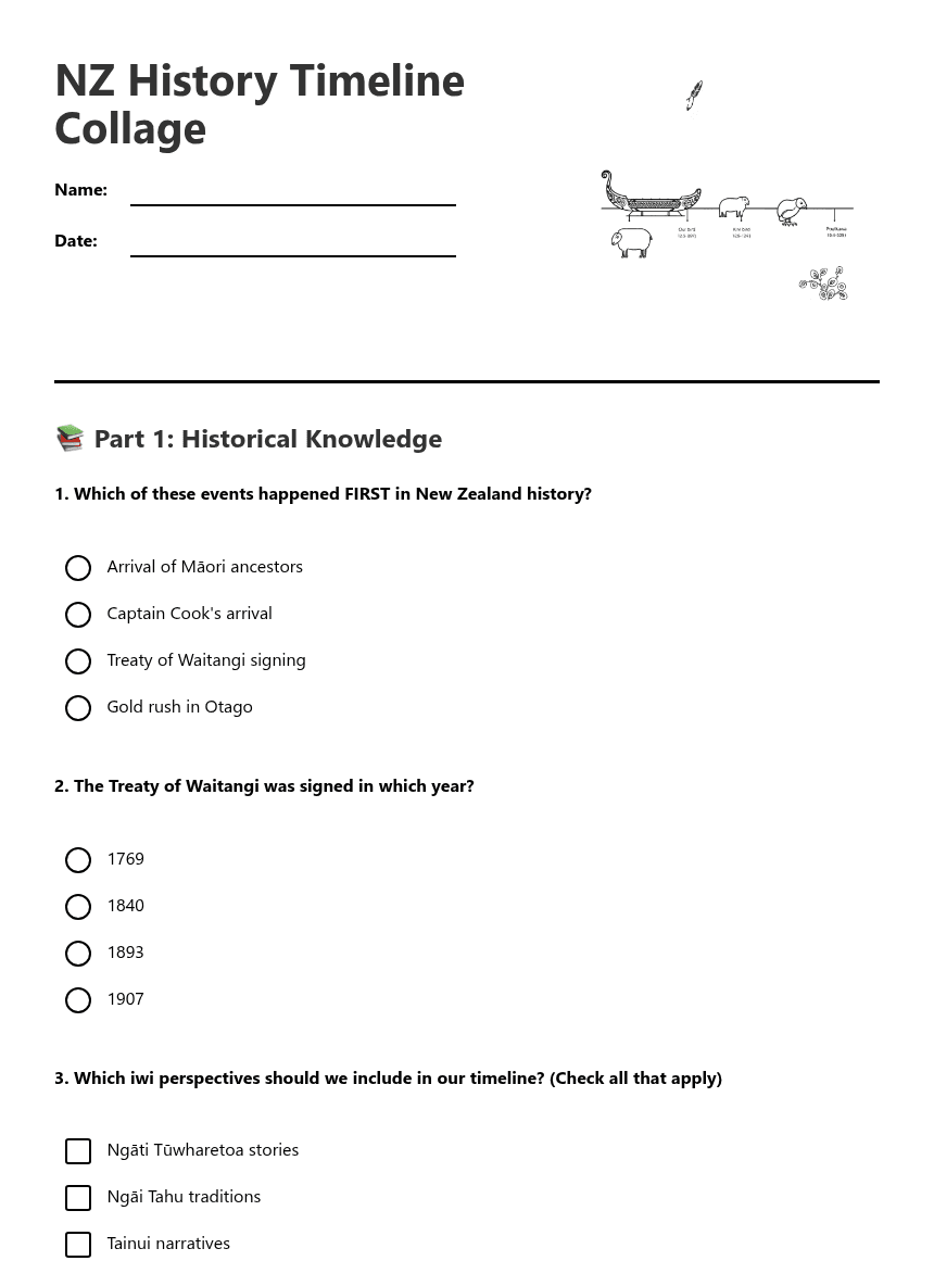 NZ History Timeline Collage worksheet preview